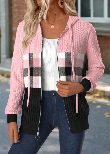 Modlily Light Pink Tummy Coverage Plaid Long Sleeve Hooded Coat - L