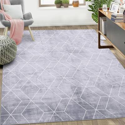 Garvee Washable 8x10 Grey Rug, Modern Geometric Print, Soft Low Pile, Non-Slip Backing, Ultra Thin Foldable, Faux Wool, Bedro...