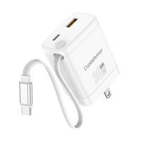 CrystalArmor 30W USB C Charger Block with Retractable Type C Cable and Dual Port Travel Charger (GaN3), PD PPS Fast Charging ...