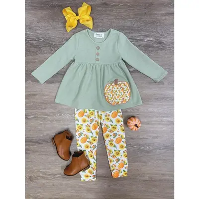 Pumpkin & Sunflower Patch Tunic & Leggings Girls or Toddler Fall Outfit Waffle Knit Set