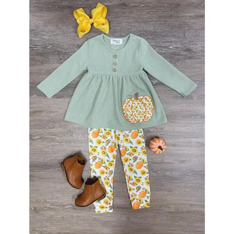 Pumpkin & Sunflower Patch Tunic & Leggings Girls or Toddler Fall Outfit Waffle Knit Set