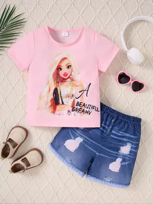 Two-piece Set Girl's Cartoon Print Tee & Denim-effect Print Shorts Set without Accessories, Casual Round Neck Short Sleeve T-...