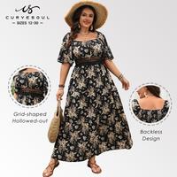 【Plus Size】Curvesoul Women's Chic Square Neck Shortsleeve Cinched Waist Hollow-out Flowy Floral Print Elegant Bohemian Dr...