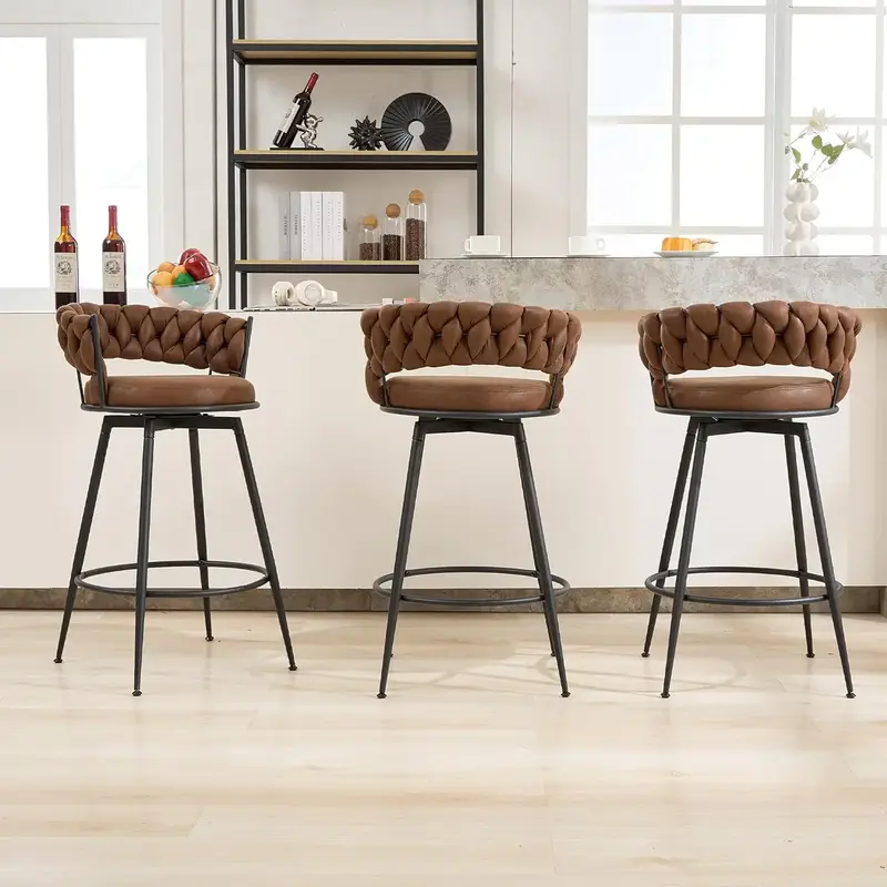 Swivel Bar Stools Set of 2/3/4, 28/24 Inches Modern Counter Height Bar Stools with Woven Back, Upholstered Suede Tall Barstoo...
