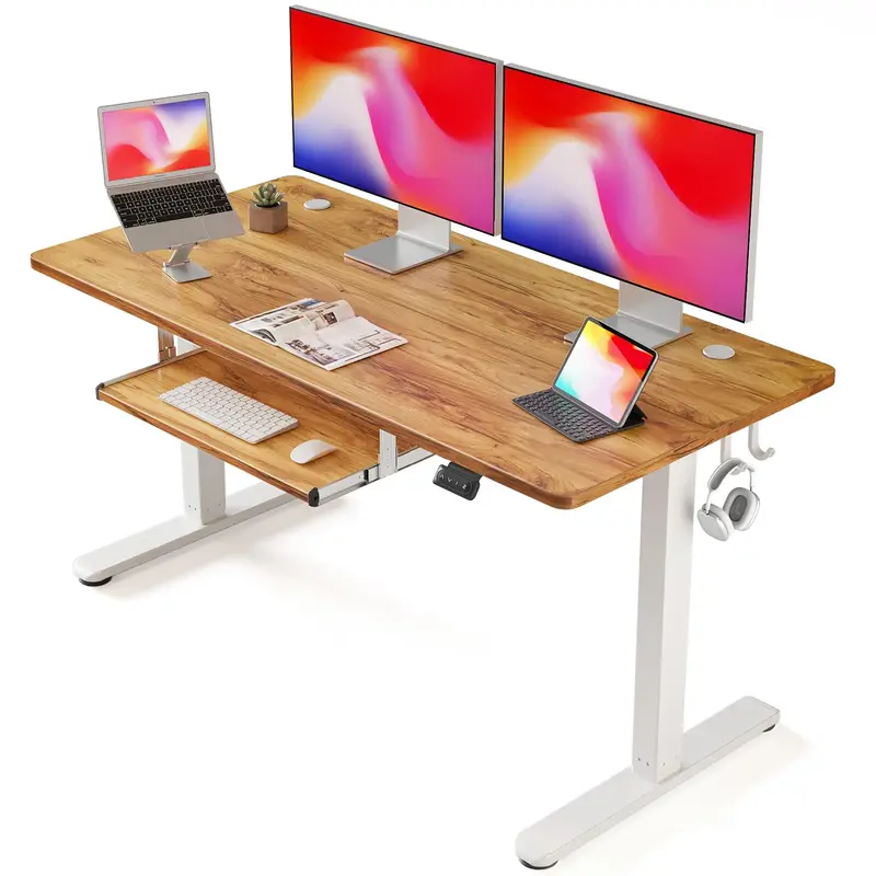 【Super Deal】FEZIBO Height Adjustable Standing Desk with Double Drawer, Stand Up Desk with Storage Shelf, Sit Stand Desk b...