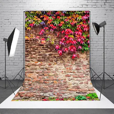 Red Green Leaves Vintage Brick Wall Photo Backdrop - Aperturee