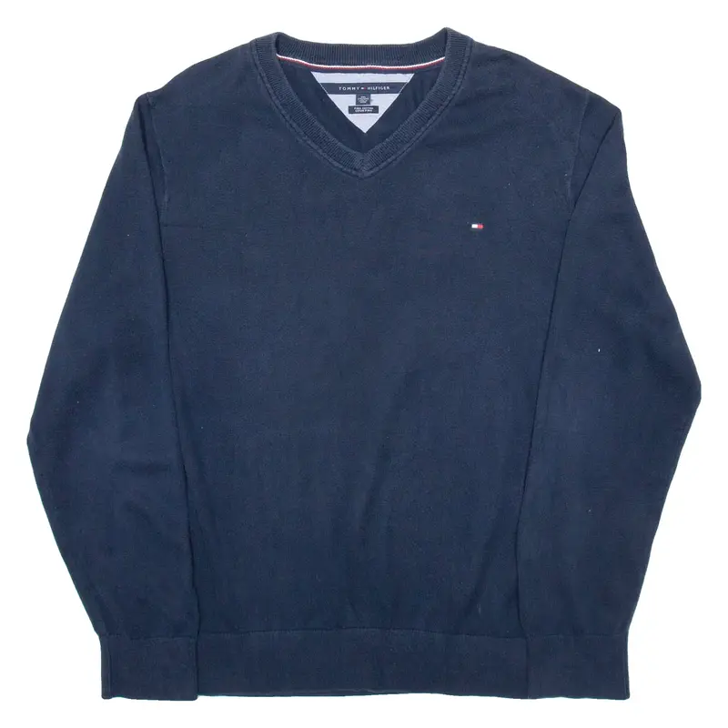 TOMMY HILFIGER Mens Jumper Blue V-Neck Tight Knit 2XL