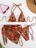 Women's Tropical Print Bikini Set, Tie Back Swim Top & Tie Side Swim Bottom & Knot Side Skirt Set, Three-piece Swimsuit for S...