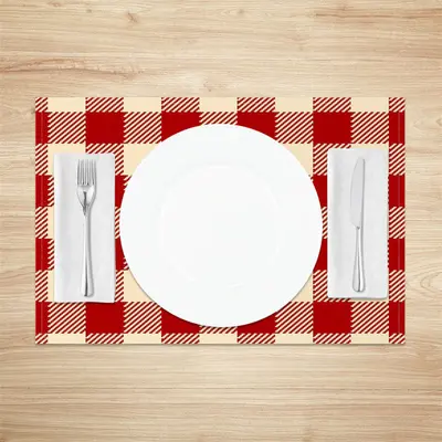 Red Beige Plaid Fabric Dining Set Of 4 Placemats - Aperturee