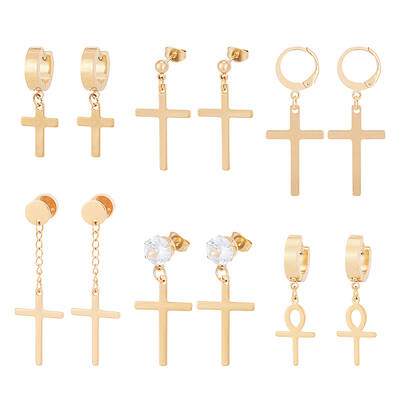 12Pcs 6 Style 304 Stainless Steel Cross Dangle Hoop Earrings