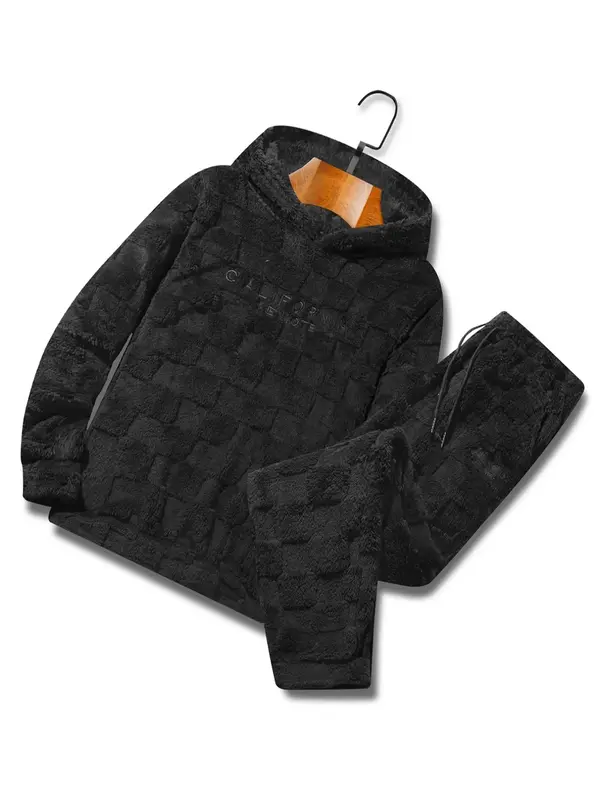 Two-piece Set Men's Thermal Lined Letter Embroidery Hoodie & Pocket Drawstring Waist Pants, Loose Cozy Long Sleeve Hooded Sw...