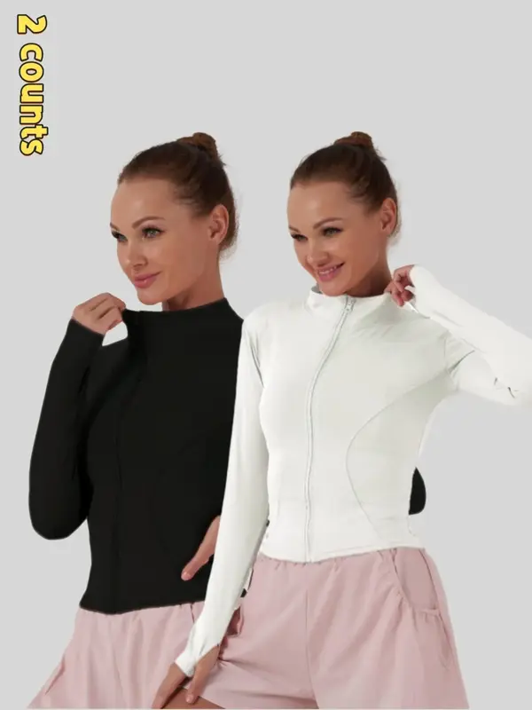 Women's Solid Zip Up Thumb Hole Sports Jackets, Sporty Breathable Long Sleeve Stand Collar Outerwear for Gym Workout Running,...