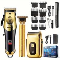 3-Piece Professional Blonde Hair Clipper & Trimmer Kit for Men - USB-Rechargeable Barber Set Featuring LCD Display, Adjustabl...