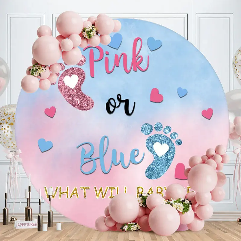Aperturee Pink Or Blue Glitter Footprint Round Baby Shower Backdrop