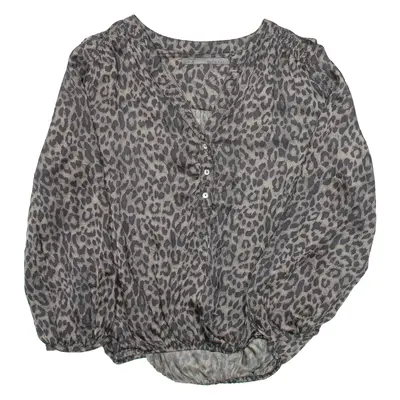 ZARA Womens Printed Blouse Brown V-Neck Puff Sleeve Animal Print M
