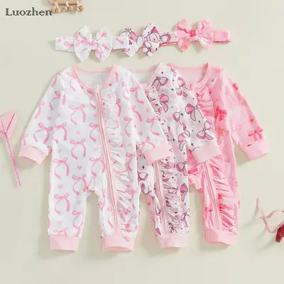 Newborn Girl Fall Waffle Romper Bow Print Long Sleeve Crew Neck Ruffled Zipper Jumpsuit with Headband