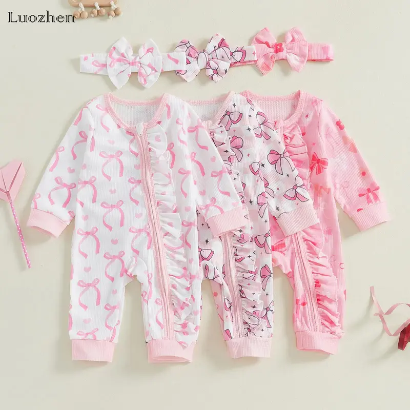 Newborn Girl Fall Waffle Romper Bow Print Long Sleeve Crew Neck Ruffled Zipper Jumpsuit with Headband