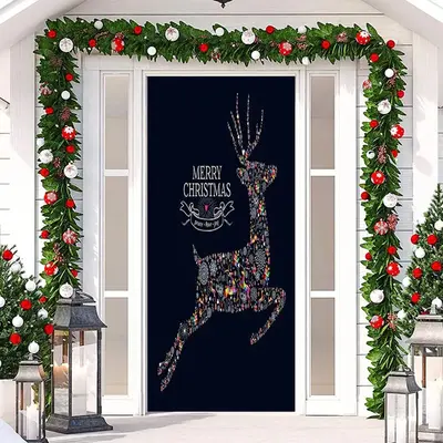 Colored Elk Black Simple Merry Christmas Door Cover - Aperturee