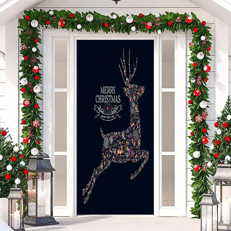 Colored Elk Black Simple Merry Christmas Door Cover - Aperturee