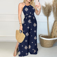 ChicMe Women's Graphic Print Halter Backless Side Slit Shirred Wide Leg Jumpsuit Vacation Overalls