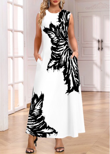 Modlily White Pocket Leaf Print Sleeveless Round Neck Maxi Dress - M
