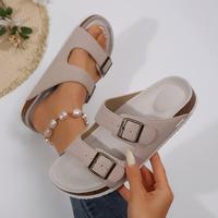 Womens Flat Sandals Cork Footbed Slides 2 Straps Adjustable Buckle Slip On Summer with Comfort Shoes