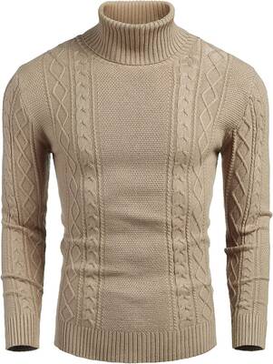 Turtleneck Casual Cable Knitted Pullover Sweaters (US Only), Khaki / M
