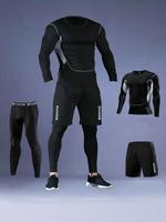 Men's Long Sleeve Compression Tee & Leggings & Reflective Shorts Tracksuit Set, Breathable Quick Drying Sportswear Set for Ru...