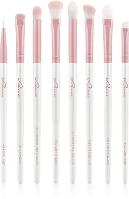 Luvia Cosmetics Prime Vegan All Eye Want Eye Brush Set Pearl White / Coffee Brown Metallic Candy (Pearl White / Pink) 8pcs