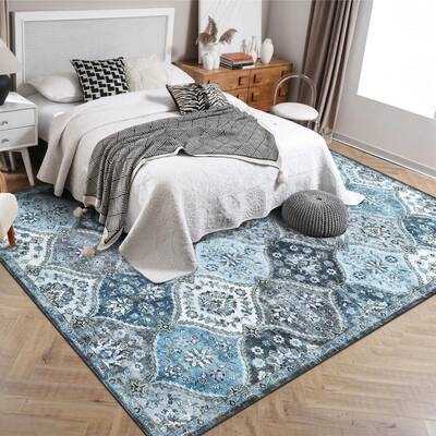 Garvee Washable Rug 4x6 Non-Slip Ultra-Thin Faux Wool Vintage Trellis for Living Room, Bedroom, Dining Room, Office, Blue/Gre...