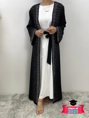 Women's Solid Color Rhinestones Decor Belted Abaya, Modest Casual Long Sleeve Abaya for Daily Wear, Ladies Islamic Clothing f...