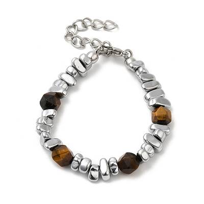 Natural Tiger Eye & Stainless Steel Nugget Beaded Bracelets