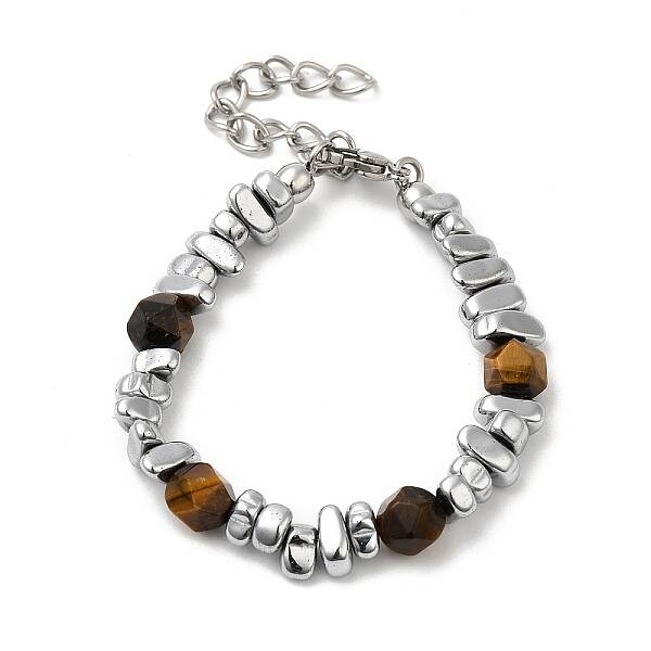 Natural Tiger Eye & Stainless Steel Nugget Beaded Bracelets