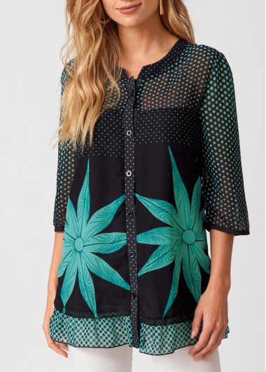 Modlily Polka Dot Button Up 3/4 Sleeve Blouse - M