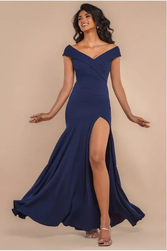 Goddiva Scuba Crepe Off Shoulder Front Split Maxi Dress - Navy Blue