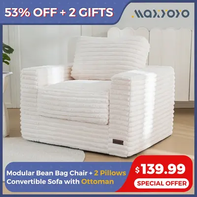 MAXYOYO Modular Bean Bag Chair, Striped Faux Fur Upholstered Floor Sofa with Pillows and Armrests for Livingroom Bedroom