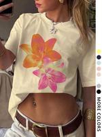 Women's Floral Print Round Neck Tee, Trendy Casual Short Sleeve T-shirt for Daily Wear, Ladies All Seasons Tshirt