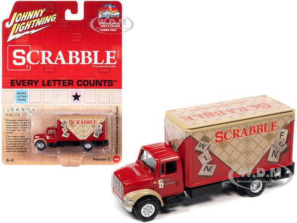 1999 International Cargo Truck Red with Graphics Scrabble Pop Culture 2022 Release 2 1/64 Diecast Model Car by Johnny Lightni...
