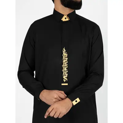 1pc Men'S Black With Golden Floral Embroidery Casual Lapel Long Sleeve Muslim Men'S Middle East Traditional Culture Arab Styl...