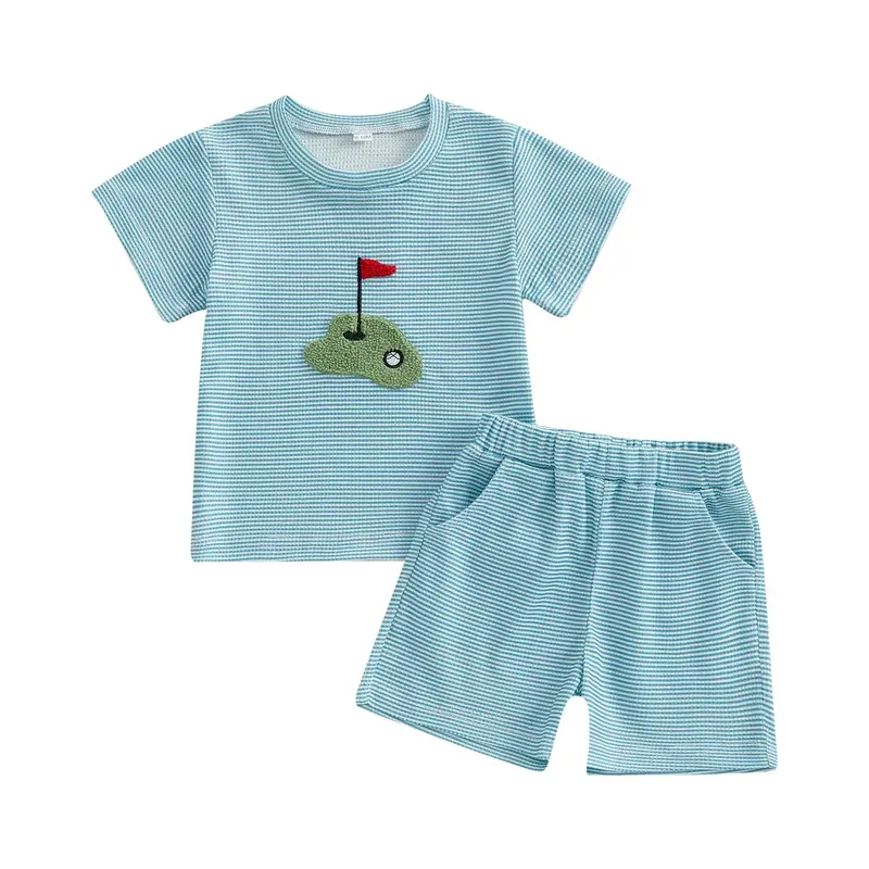 Toddler Baby Boys Two Piece Outfit Golf Embroidered Waffle Short Sleeve Waffle Striped T Shirt Tops Elastic Waist Shorts 2pcs...