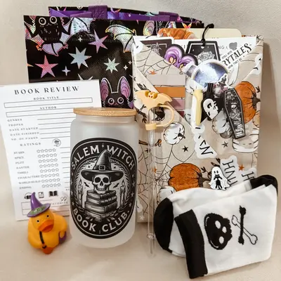 Boo Bag Spooky Blind Date with a Book - Halloween Wrapped Book, Halloween Tote, Bookish Glass, Bookish Goodies