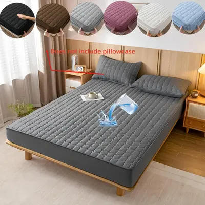 Solid Color Waterproof Fitted Sheet (1 Count), Quilted Design Mattress Cover, Cool Bedroom Bed Sheets, Christmas Decor Soft B...