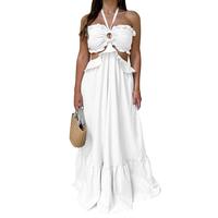 Aprilake Women's Halter Neck Sleeve Ruffle Hem A-Line Ruched Cut Out Vacation Long Maxi Dress Casual Fabric