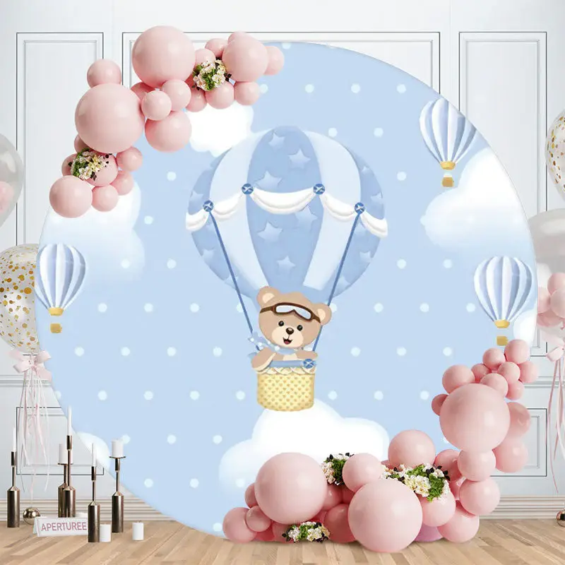 Aperturee Blue Bear Ballon Round Birthday Party Backdrop