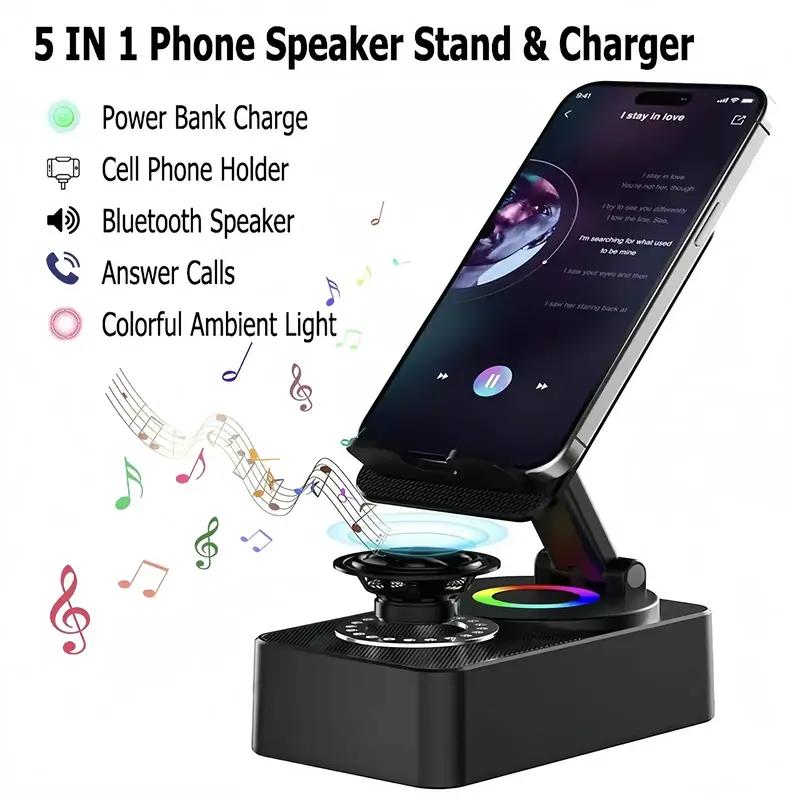 5-in-1 Wireless Speaker Cell Phone Stand with Bluetooth/induction Audio & Atmosphere Light/Power Bank, 5.3 HD Surround Subwoo...