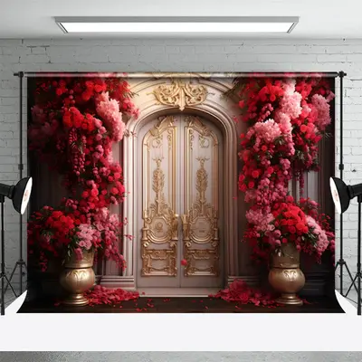 Gold Beige Luxury Door Red Rose Vase Photo Backdrop - Aperturee