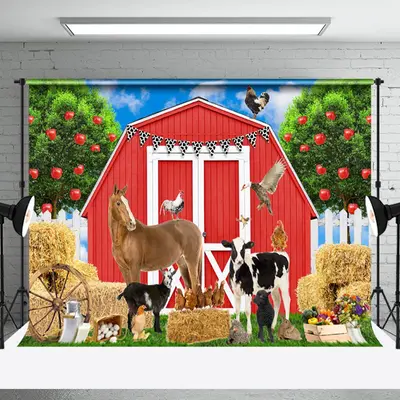 Red Cabin Farm Animals Birthday Cake Smash Backdrop - Aperturee