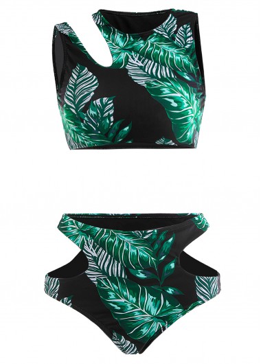 Modlily Cut Out Mid Waisted Leaf Print Black Bikini Set - XL