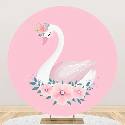 Pink Floral White Swan Round Backdrop For Birthday - Aperturee