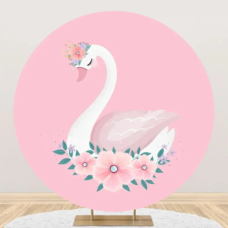 Pink Floral White Swan Round Backdrop For Birthday - Aperturee
